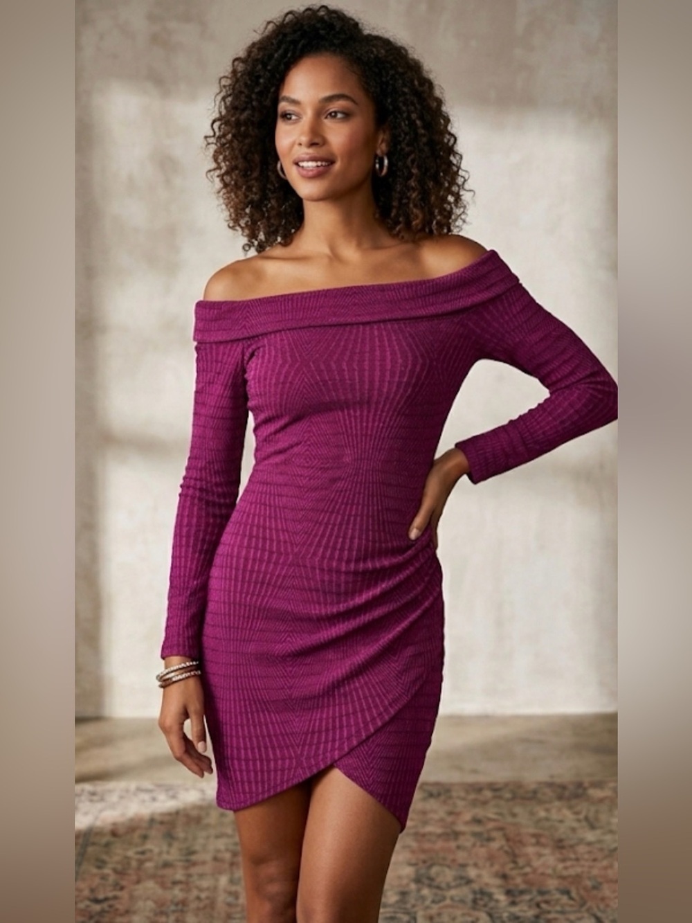 Saved By The Dress Berry Wine Off-Shoulder Ruched Sparkle Bodycon Mini Dress S